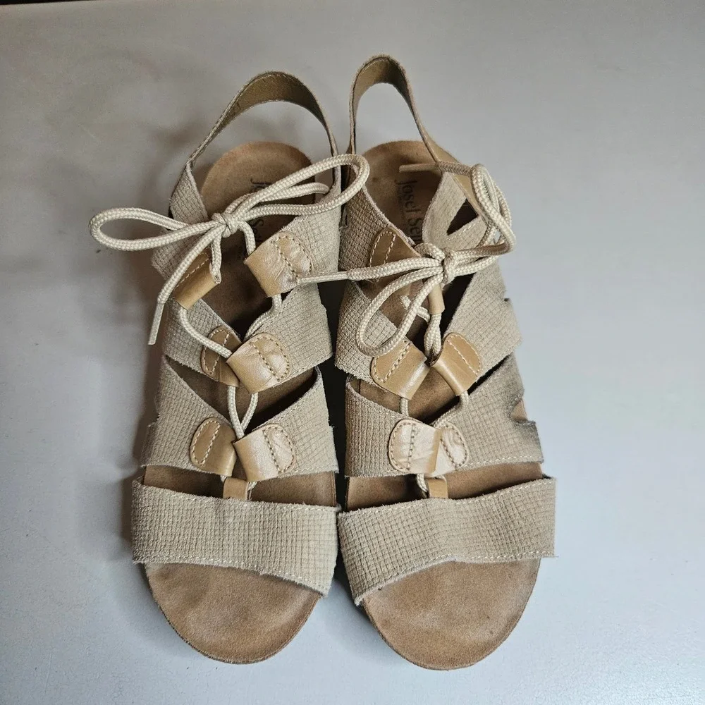 Josef Seibel Tonga Beige Leather Lace Up Strappy Sandal Heel‎ Womens 39 US 8 8.5